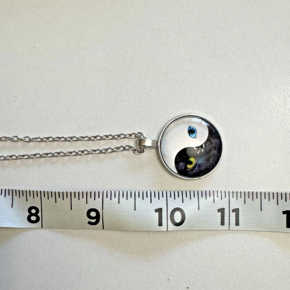 Yin Yang Cat Pendant Necklace – 20 Inches, Silver Tone Chain - Picture 2 of 7